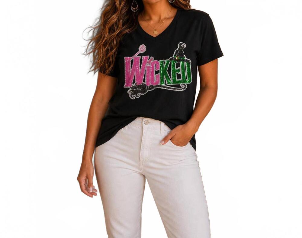 NEW TRENDY TEE CO. wicked sequin patch v-neck tee in black